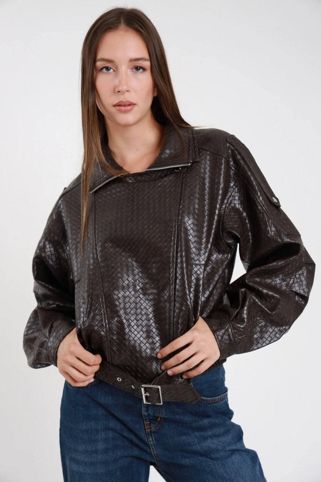 Susy Mix chiodo ecopelle INTRECCIATO 2943U70 testa di moro