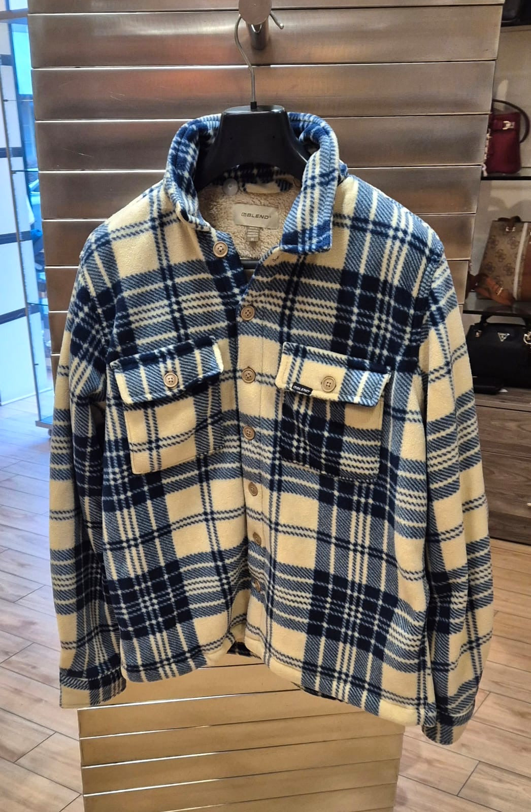 Blend overshirt a quadri con orsetto interno panna/blu 20718469