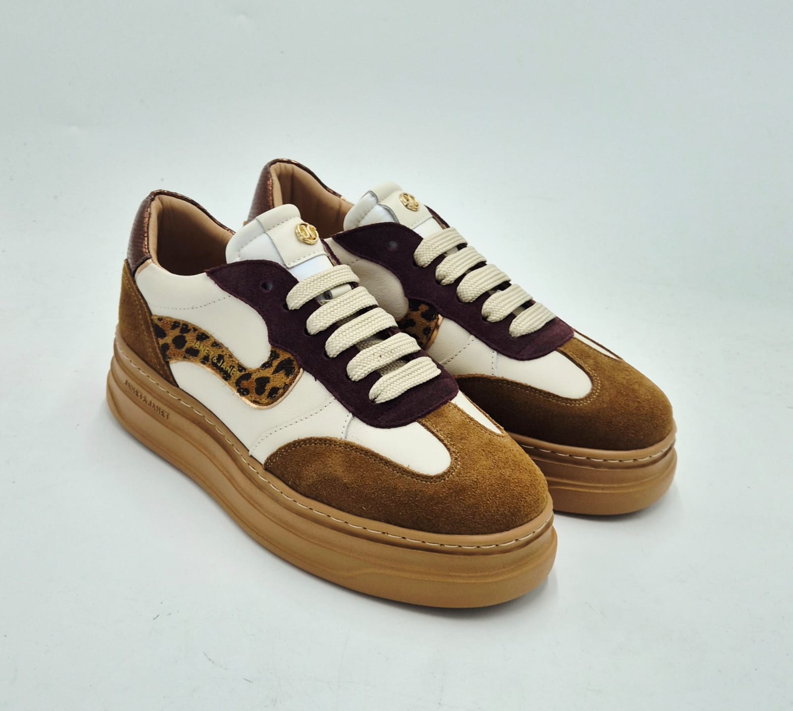Janet & Janet sneaker J432A cognac/offwhite/wine in pelle