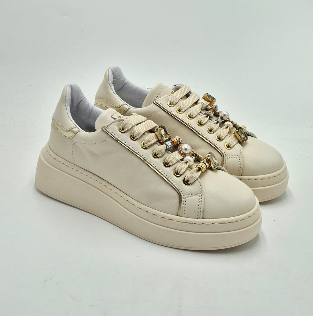Meline' sneaker pelle made in italy 608ACCLOW222 beige crudo e platino