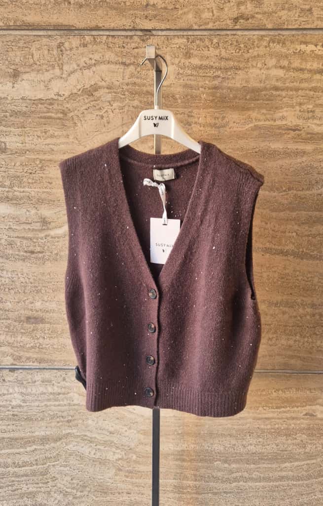 Susy mix gilet in maglia con pailllettes 25136 marrone