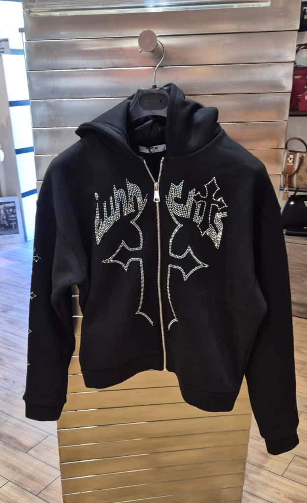 Adon felpa cappuccio aperta con zip felpata con brillantini colore nero A22419