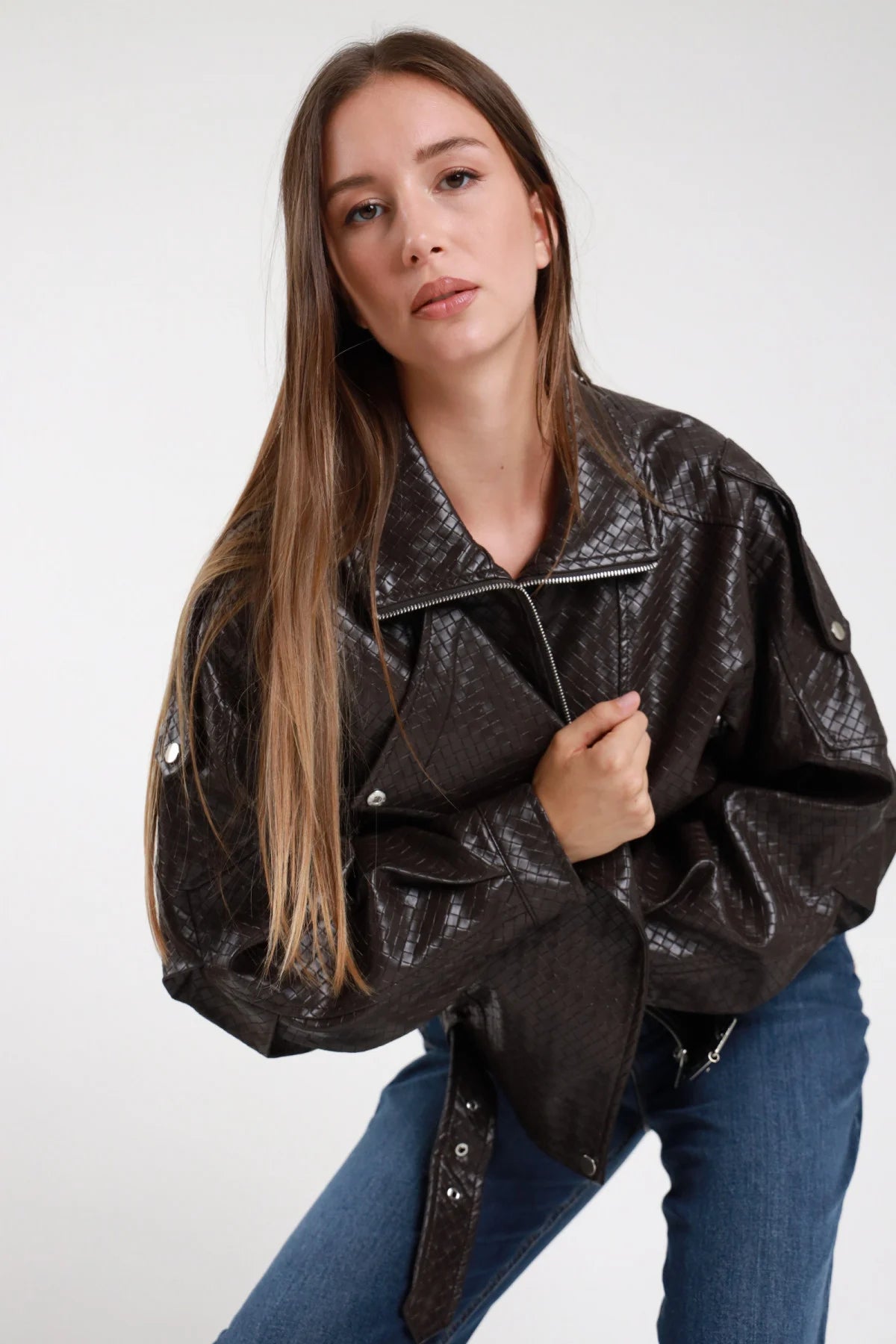 Susy Mix chiodo ecopelle INTRECCIATO 2943U70 testa di moro