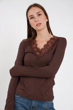 Susy mix maglia scollo V viscosa stretch con pizzo 11721U70 marrone