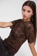 Susy mix t-shirt pizzo C2241WU70 marrone testa di moro