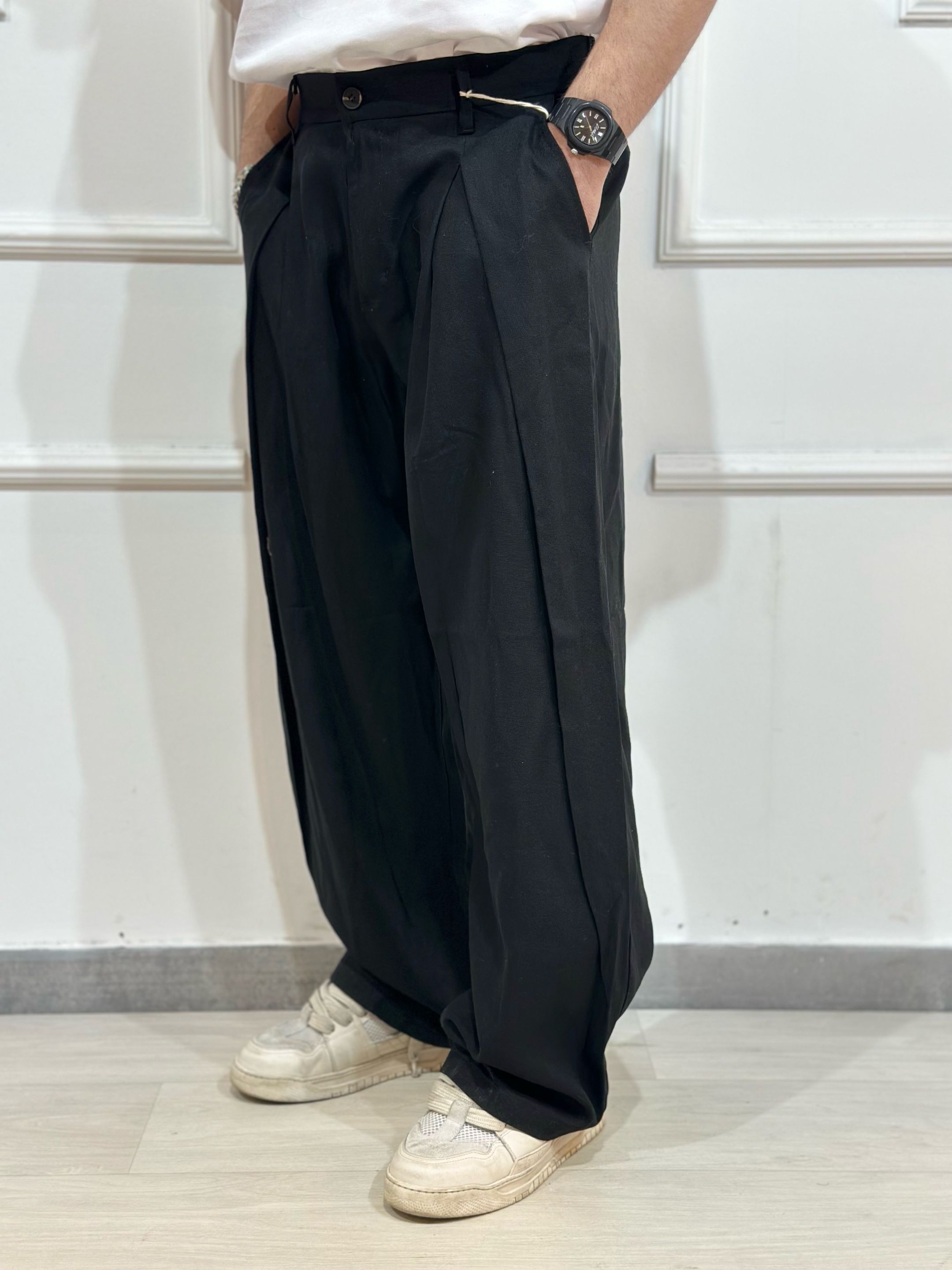 Pantalone Baloon con pinces misto lino nero ADFS77