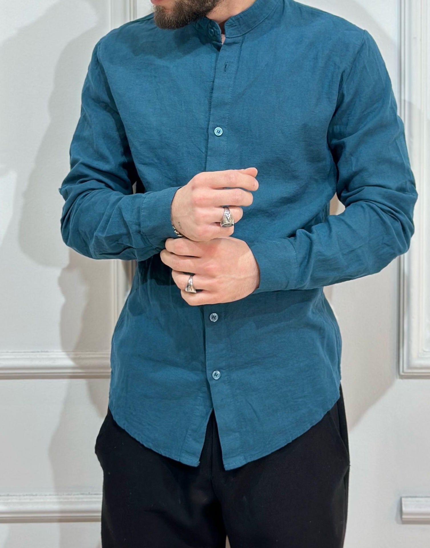 Adon camicia coreana 100% lino verde petrolio
