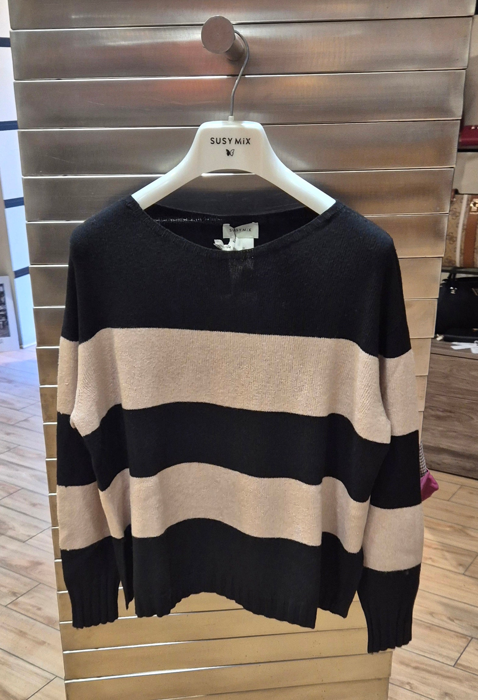 Susy mix maglia riga beige/nero girocollo mistoviscosa 78137UF8