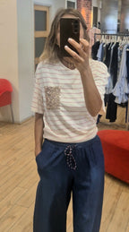Susy Mix t-shirt rigata tasca paillettes rosa/beige