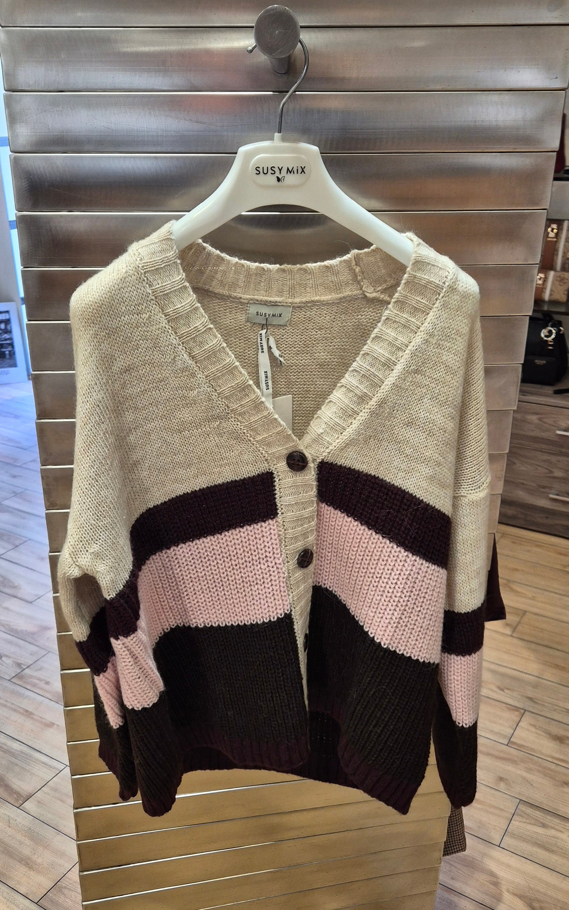 Susy mix cardigan rigato mistolana e alpaca WM2659U80 beige/rosa/bordeaux
