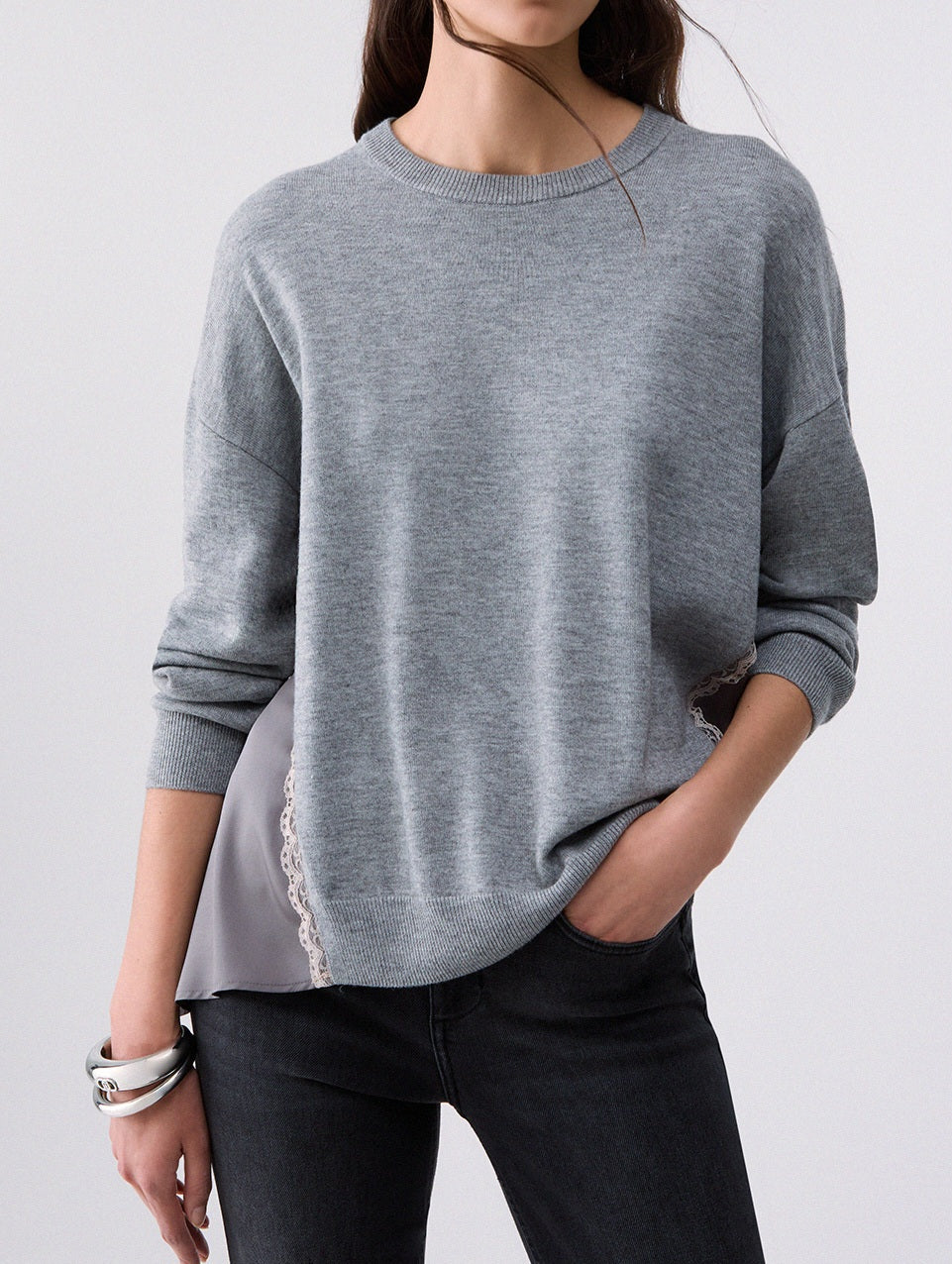 Liu jo maglia con inserti in raso lana mistoviscosa WF6290MA16R grigio