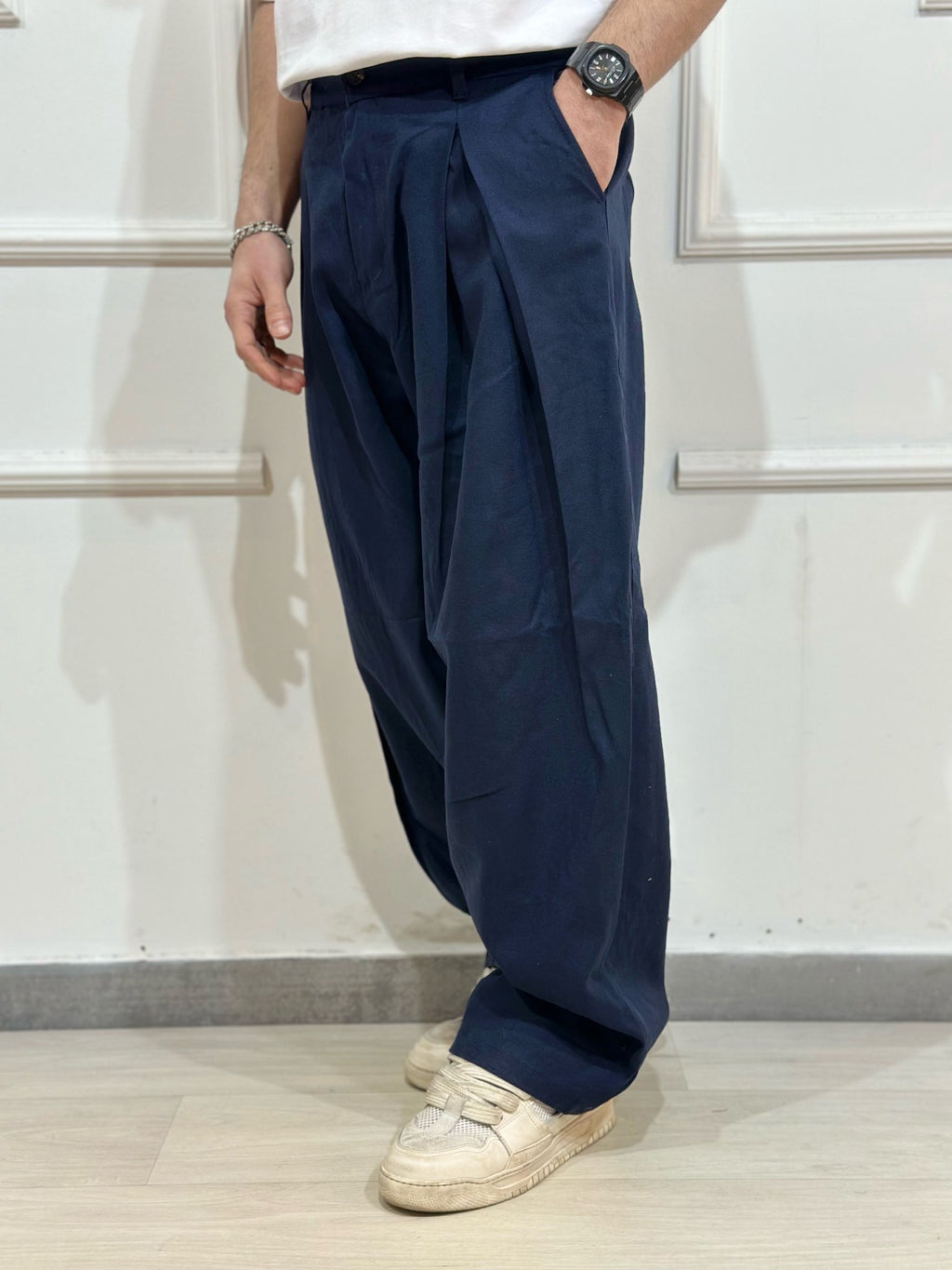 Pantalone Baloon con pinces misto lino blu ADFS77