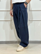 Pantalone Baloon con pinces misto lino blu ADFS77