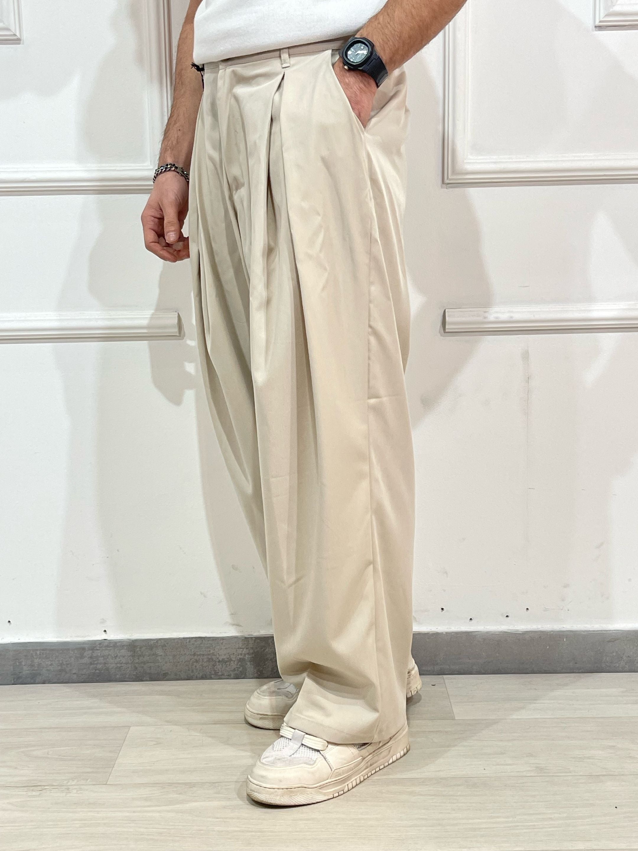 Adon pantalone wide fit AD2601 con pinces panna