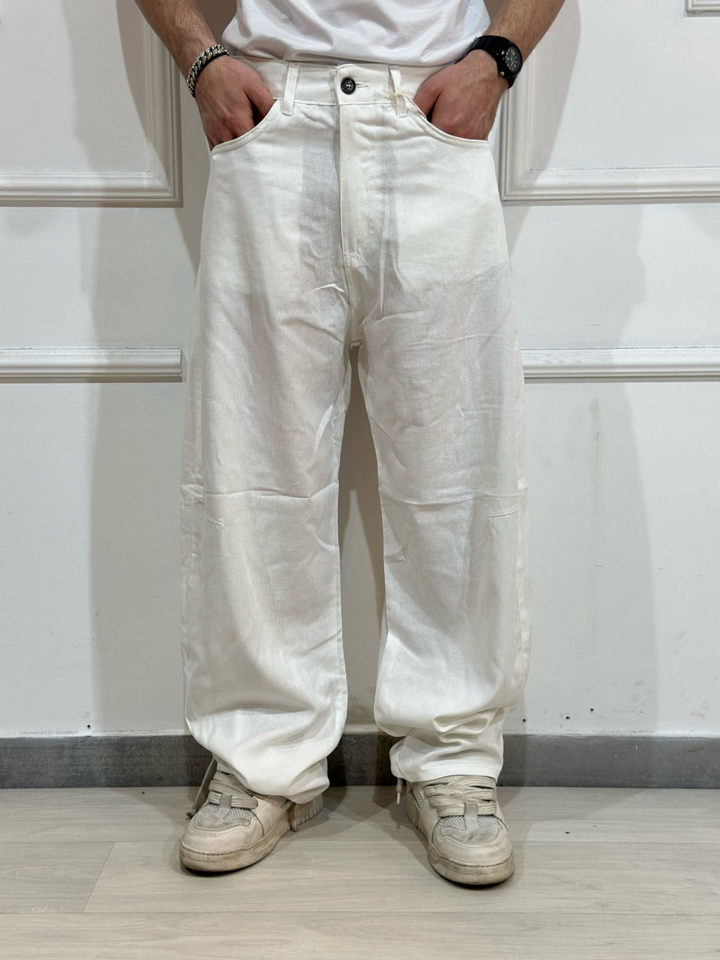 Pantalone Baloon misto lino bianco ADFS81