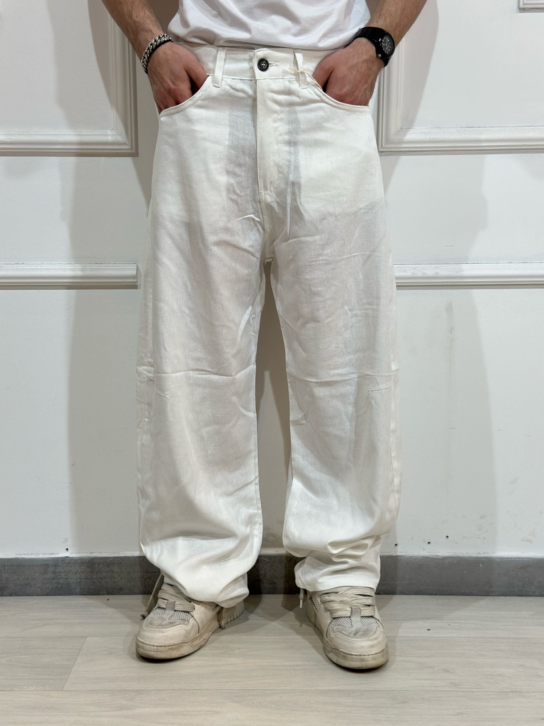 Pantalone Baloon misto lino bianco ADFS81