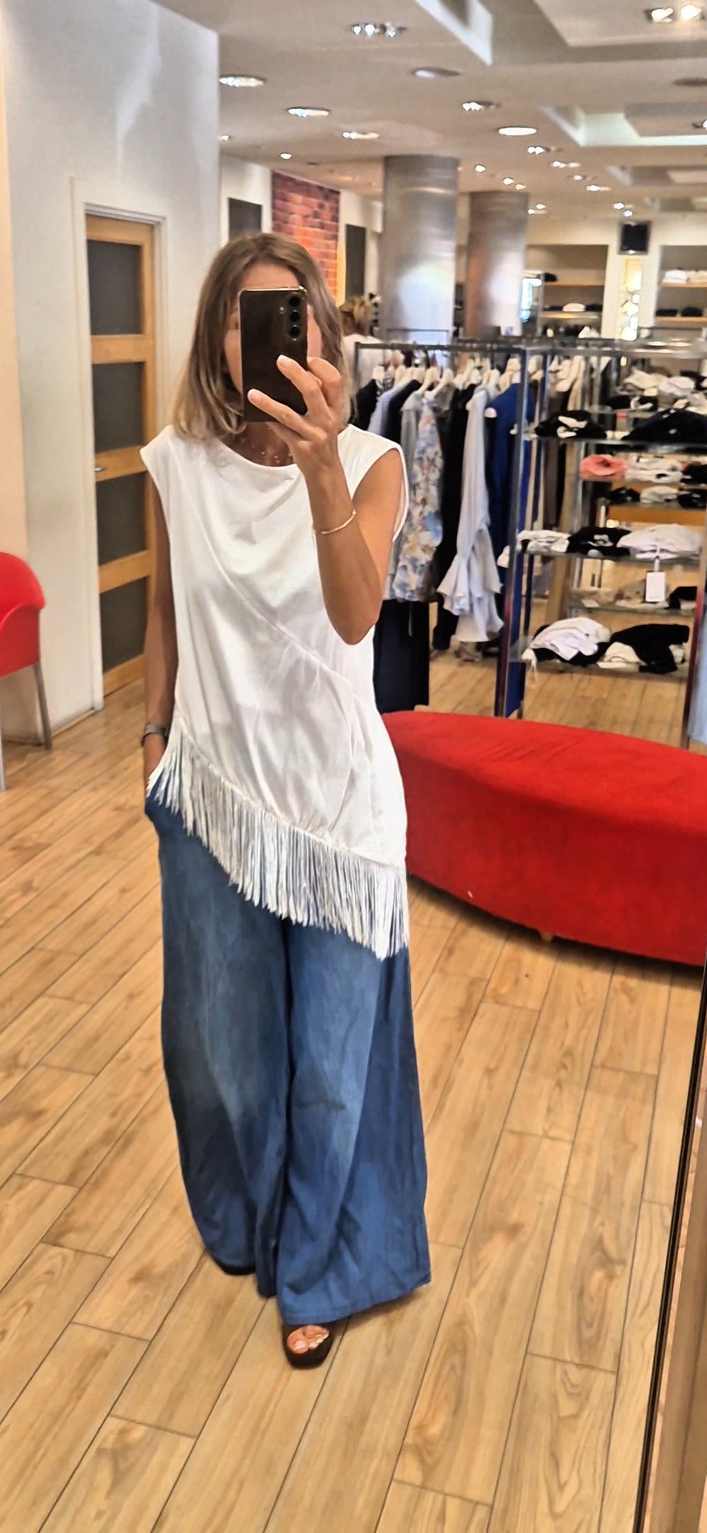 Susy mix top lungo con frange bianco