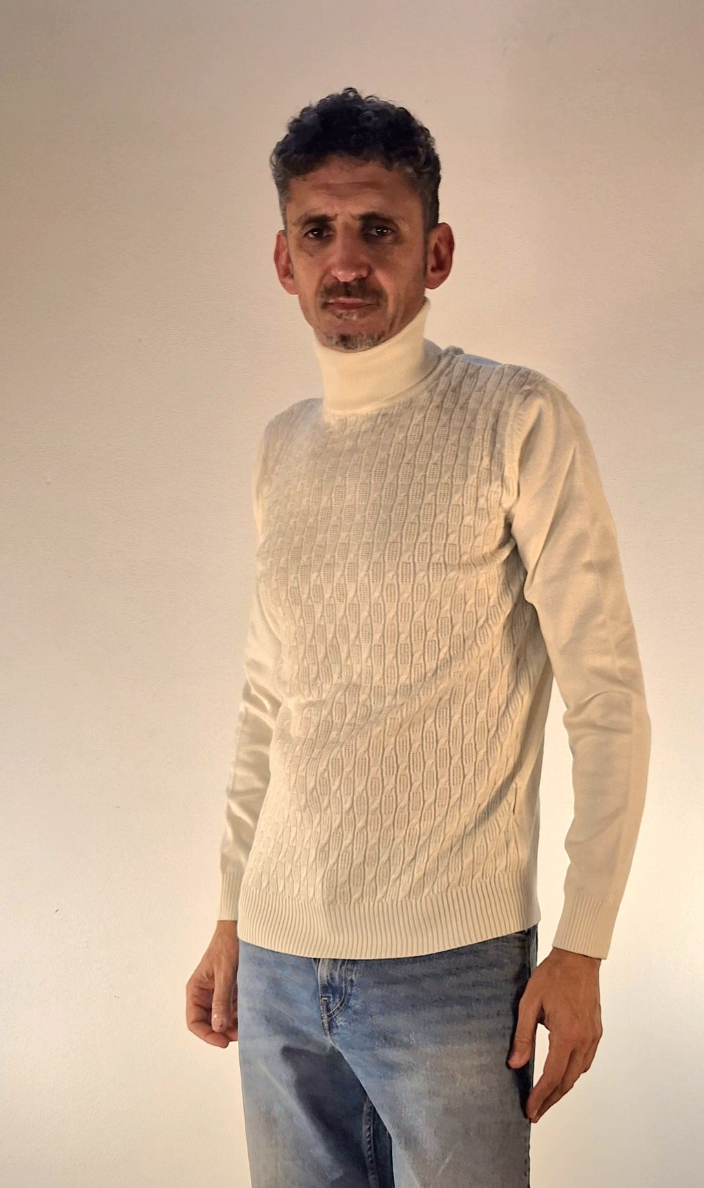 Seinse maglia collo alto con trecce contrasto MI3078 panna