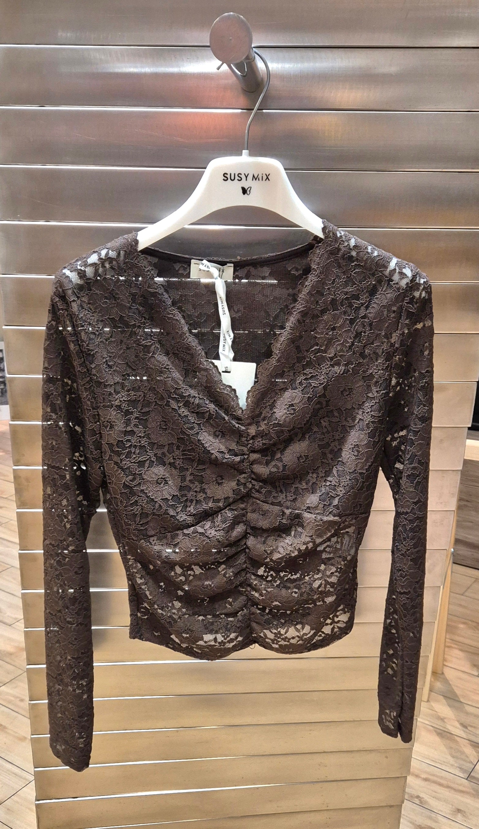 Susy mix maglia in pizzo stretch scollo v moro ME479U70