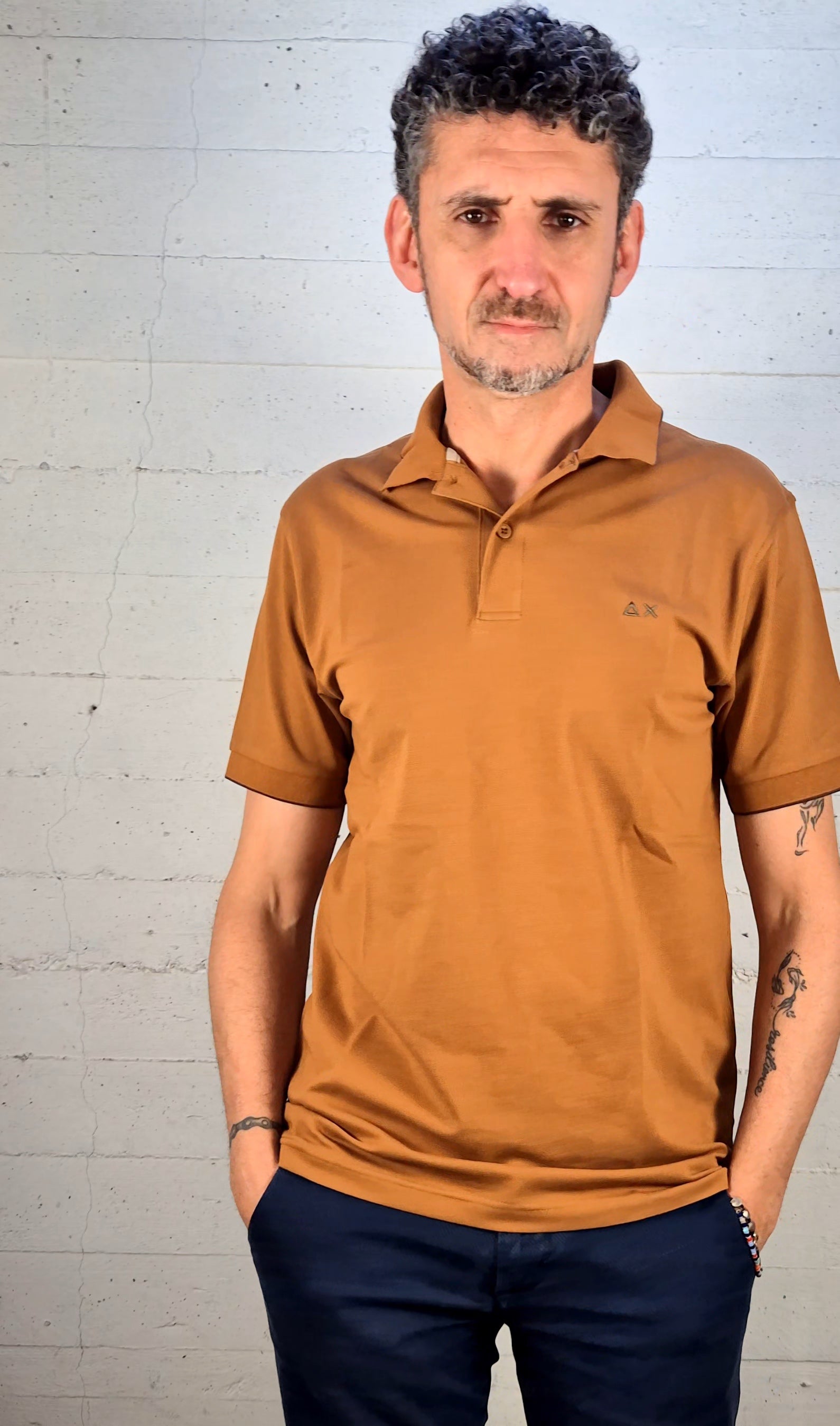 Sun 68 polo small stripe cotone stretch A3611193 marrone volpe