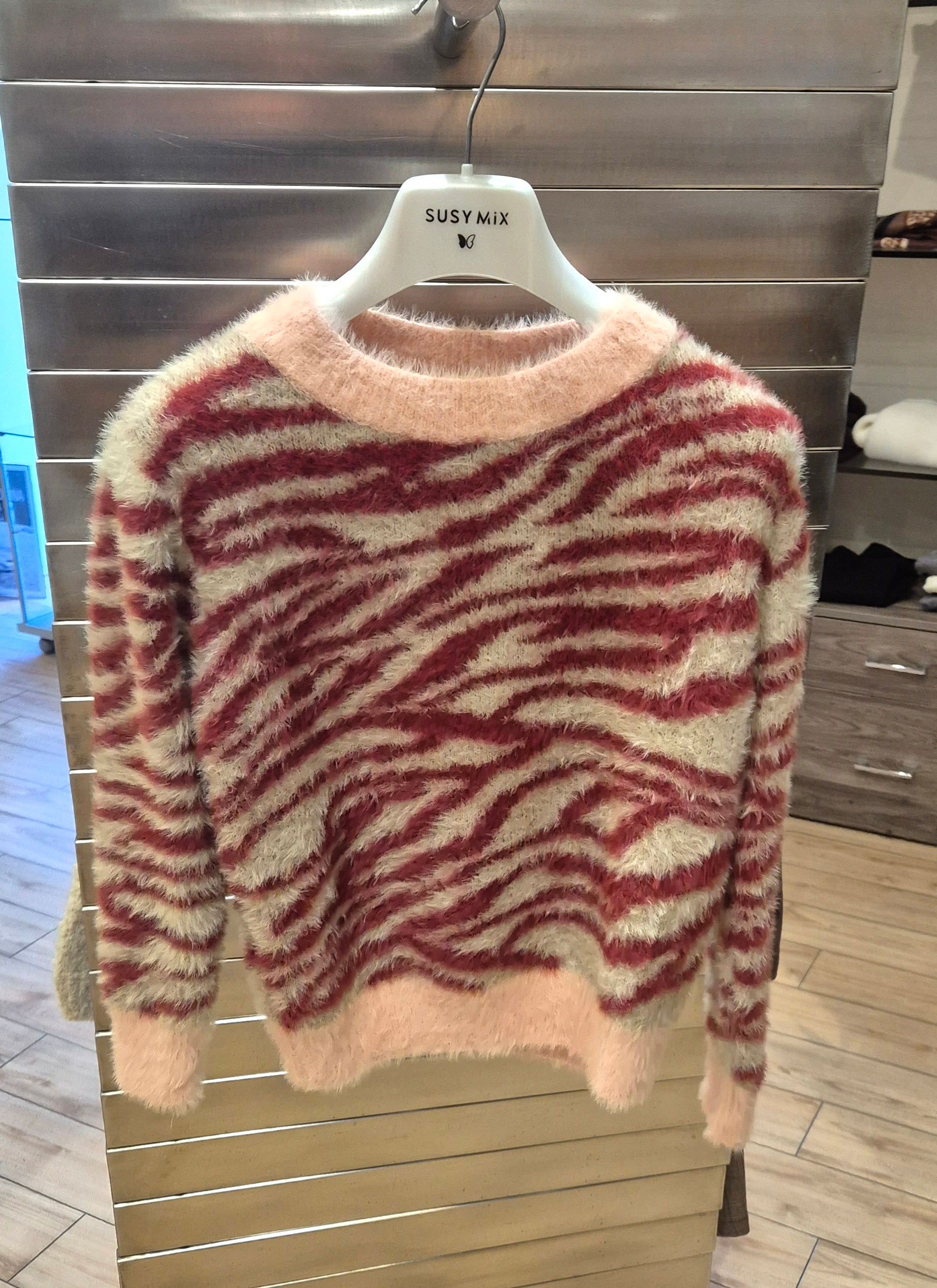 Susy mix maglioncino pelliccia zebra bordeaux e rosa M02104A UA3