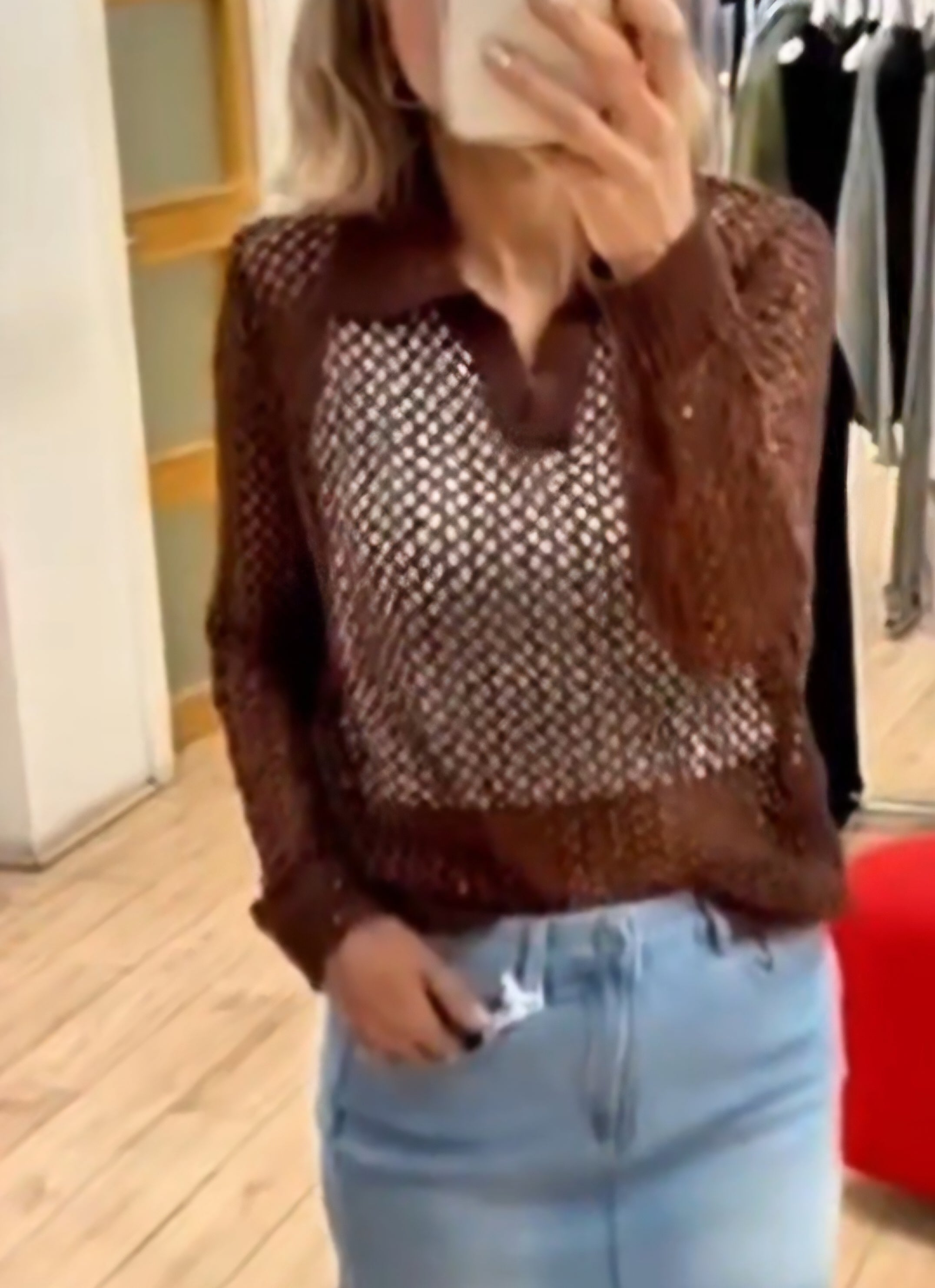 Susy Mix polo traforata 12117U70 con paillettes marrone moro