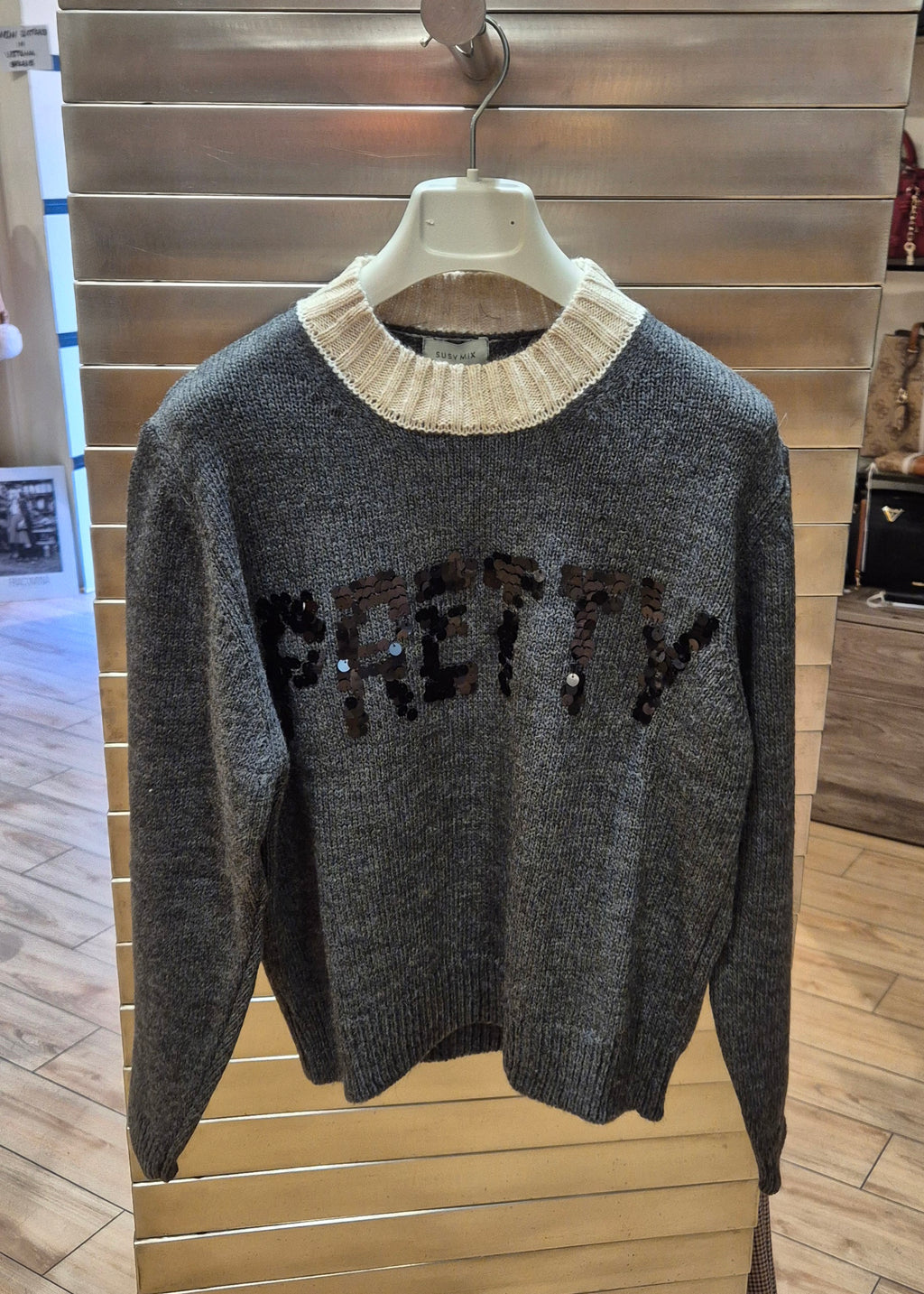 Susy mix maglia con paillettes "pretty" grigio mistolana e alpaca 5WM26591U46