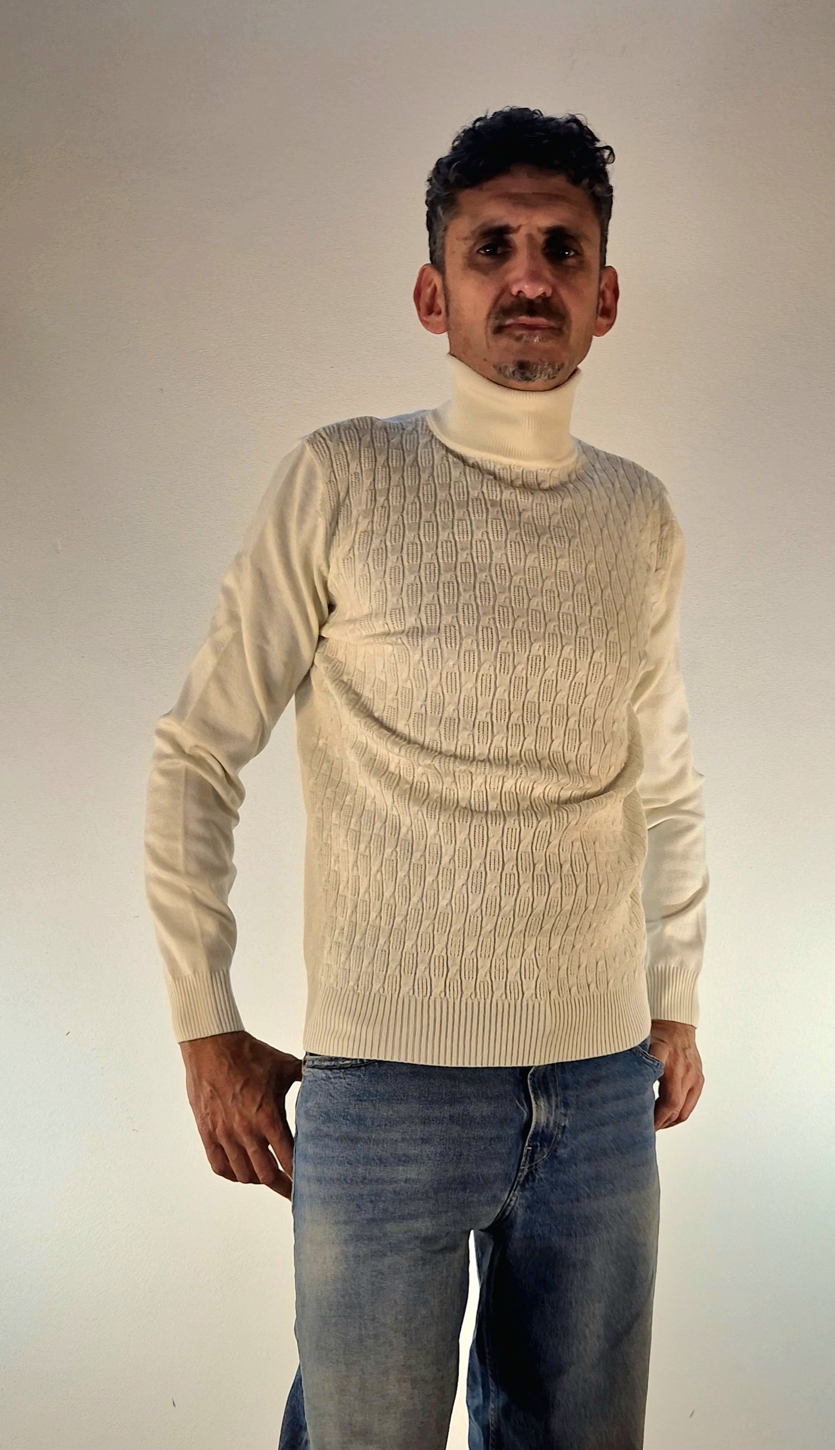 Seinse maglia collo alto con trecce contrasto MI3078 panna