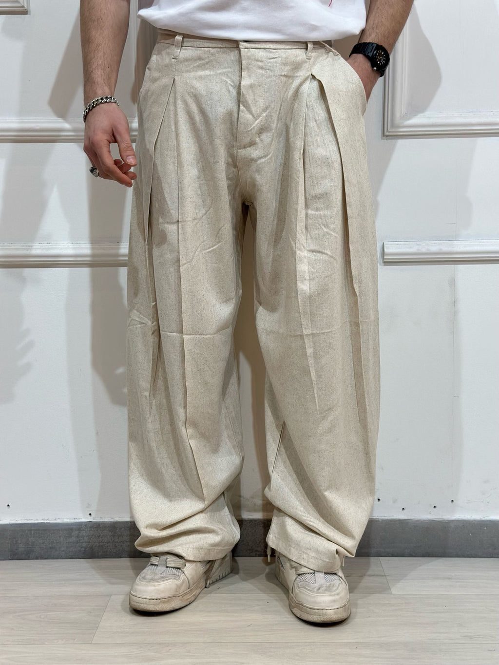 Pantalone Baloon con pinces misto lino beige ADFS77