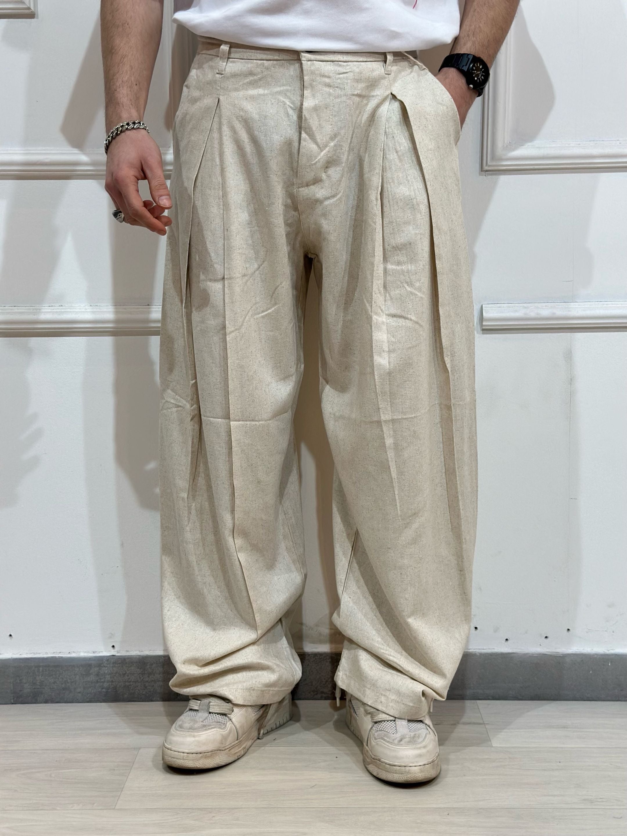Pantalone Baloon con pinces misto lino beige ADFS77