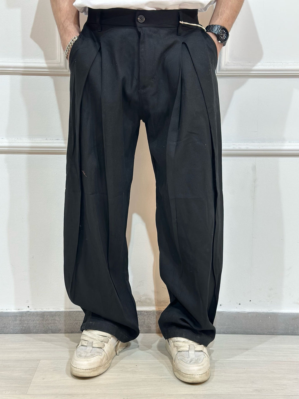 Pantalone Baloon con pinces misto lino nero ADFS77