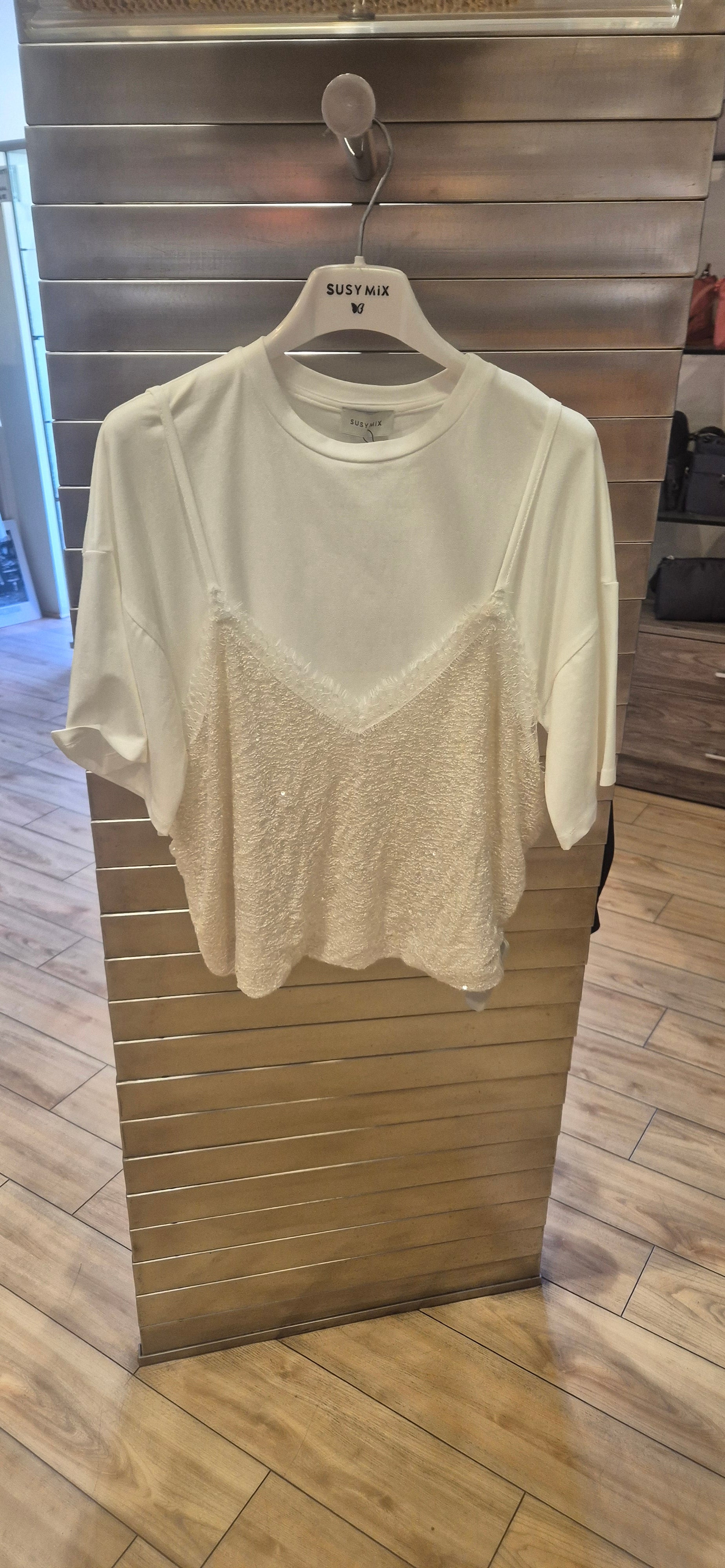 Susy Mix t-shirt S0071U80 con canotta paillettes panna