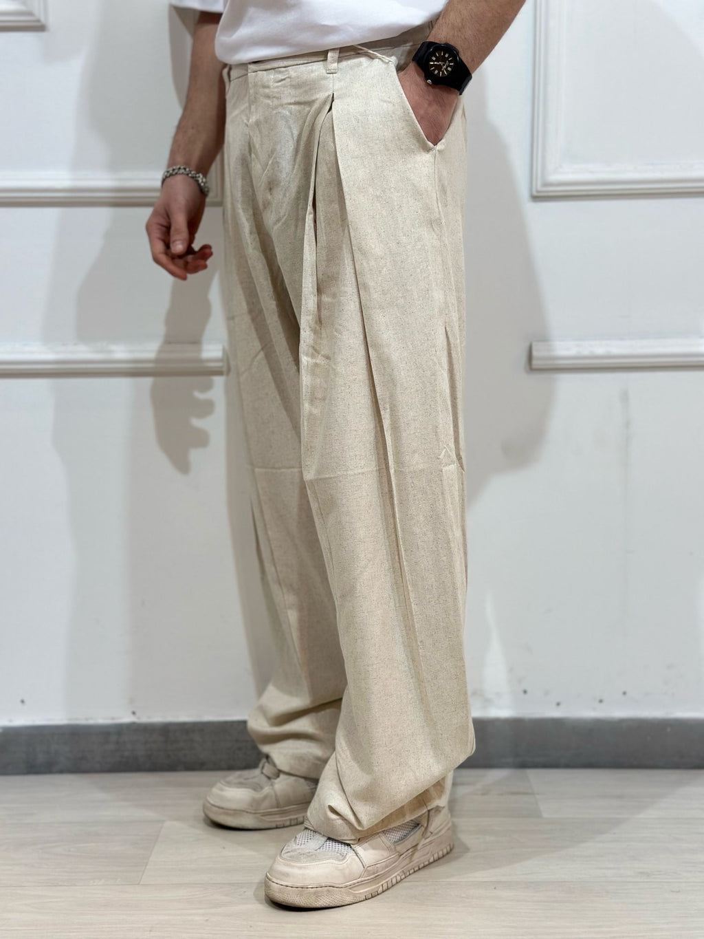Pantalone Baloon con pinces misto lino beige ADFS77