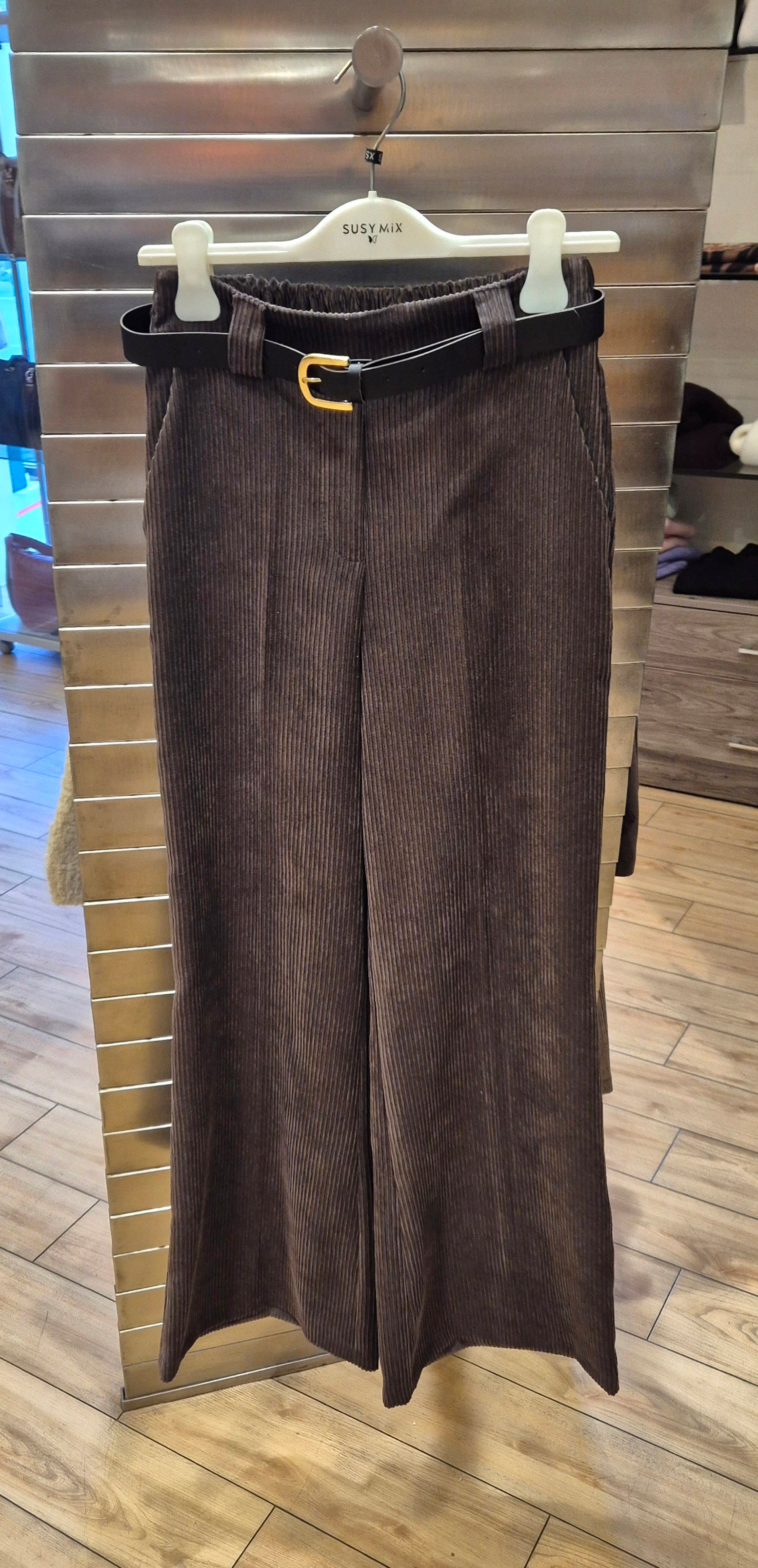 Susy mix pantalone palazzo velluto stretch con  cintura T1316Q92U70 marrone