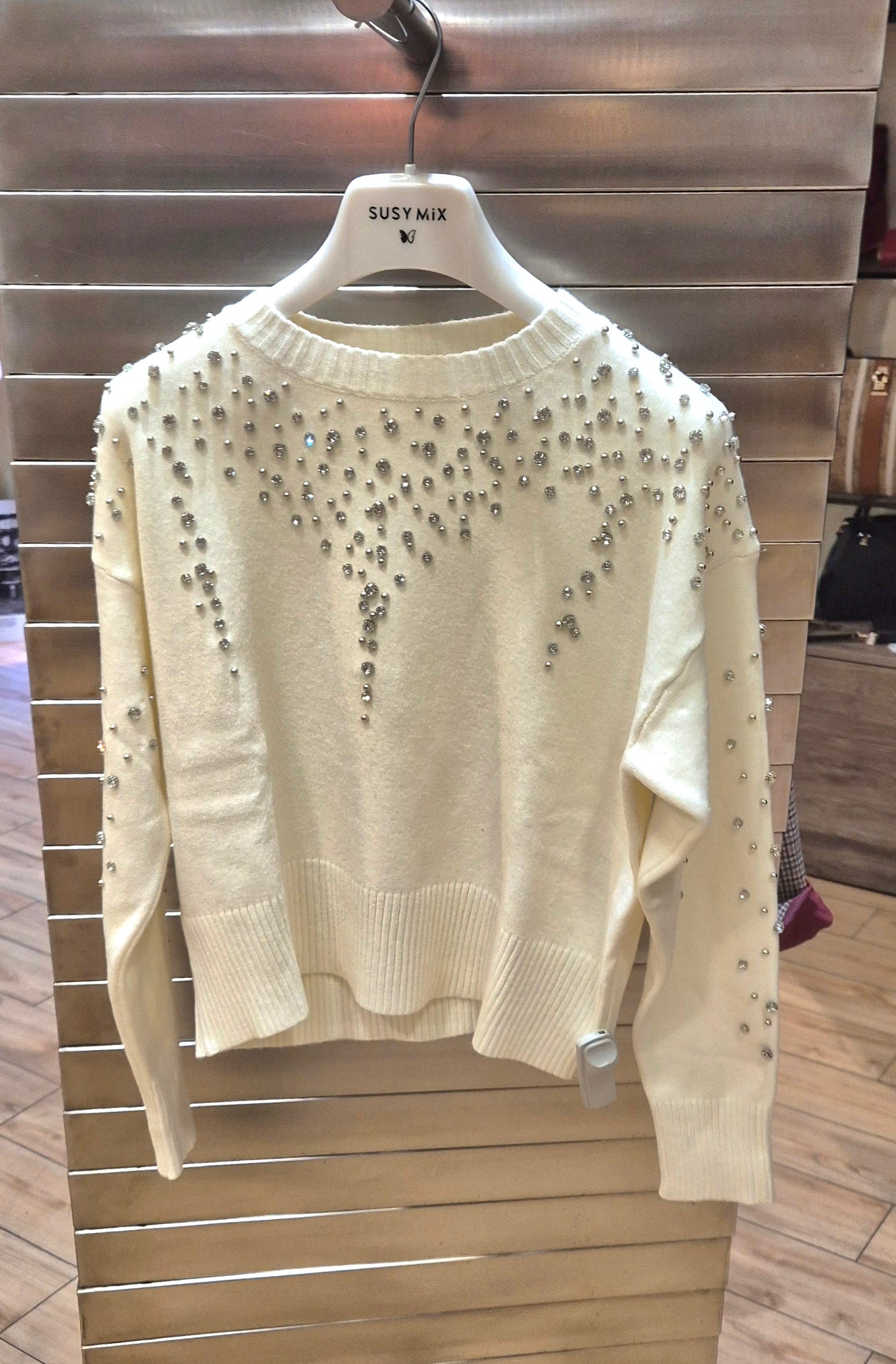 Susy mix maglia girocollo con strass 259911225U80 panna