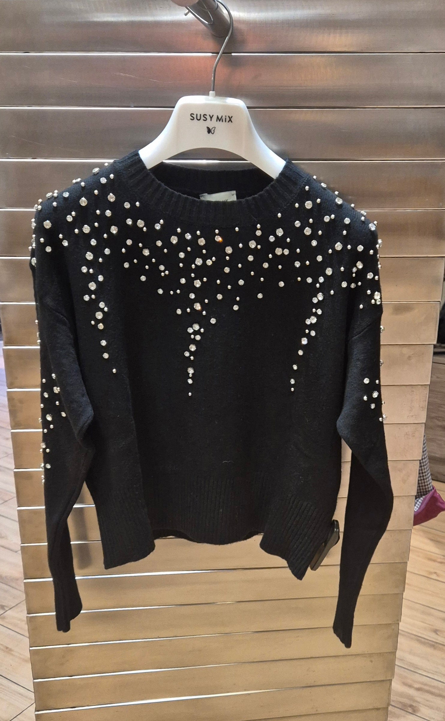 Susy mix maglia girocollo con strass 259911225U75 nero