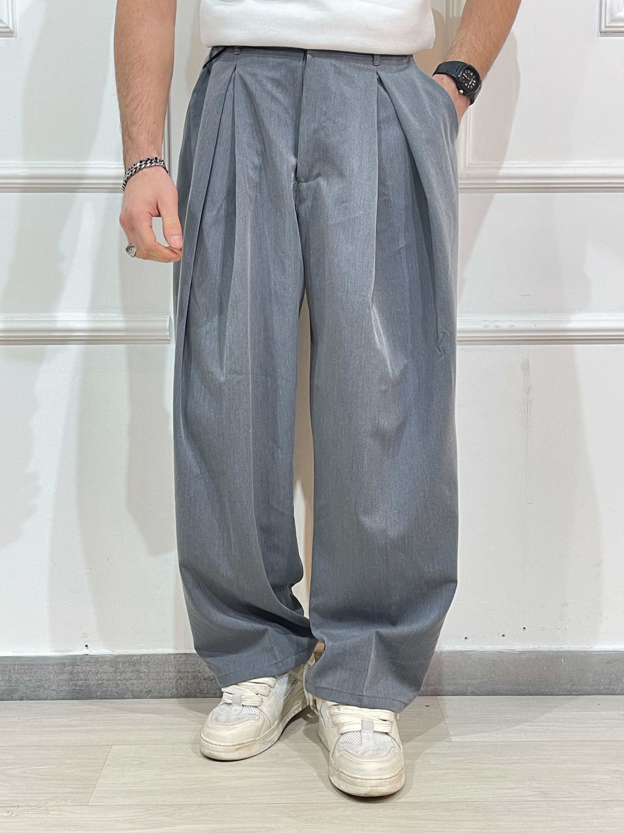 Adon pantalone wide fit AD2601 con pinces grigio