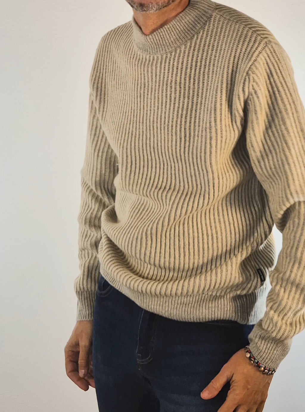 Blend maglia girocollo in mistolana beige a coste 20720335161104