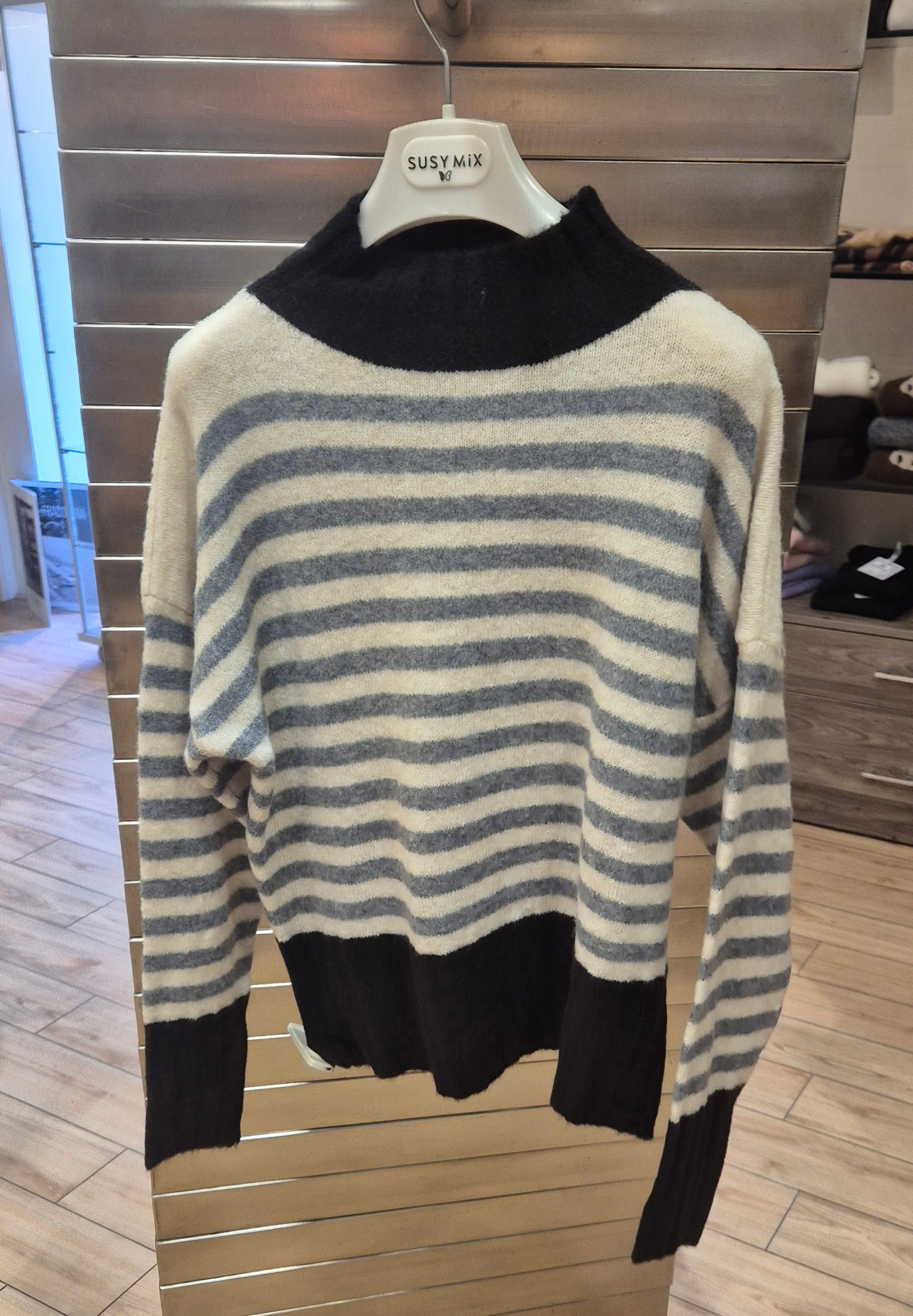 Susy mix maglioncino mistolana stretch M92112U75 riga beige/grigio/nero