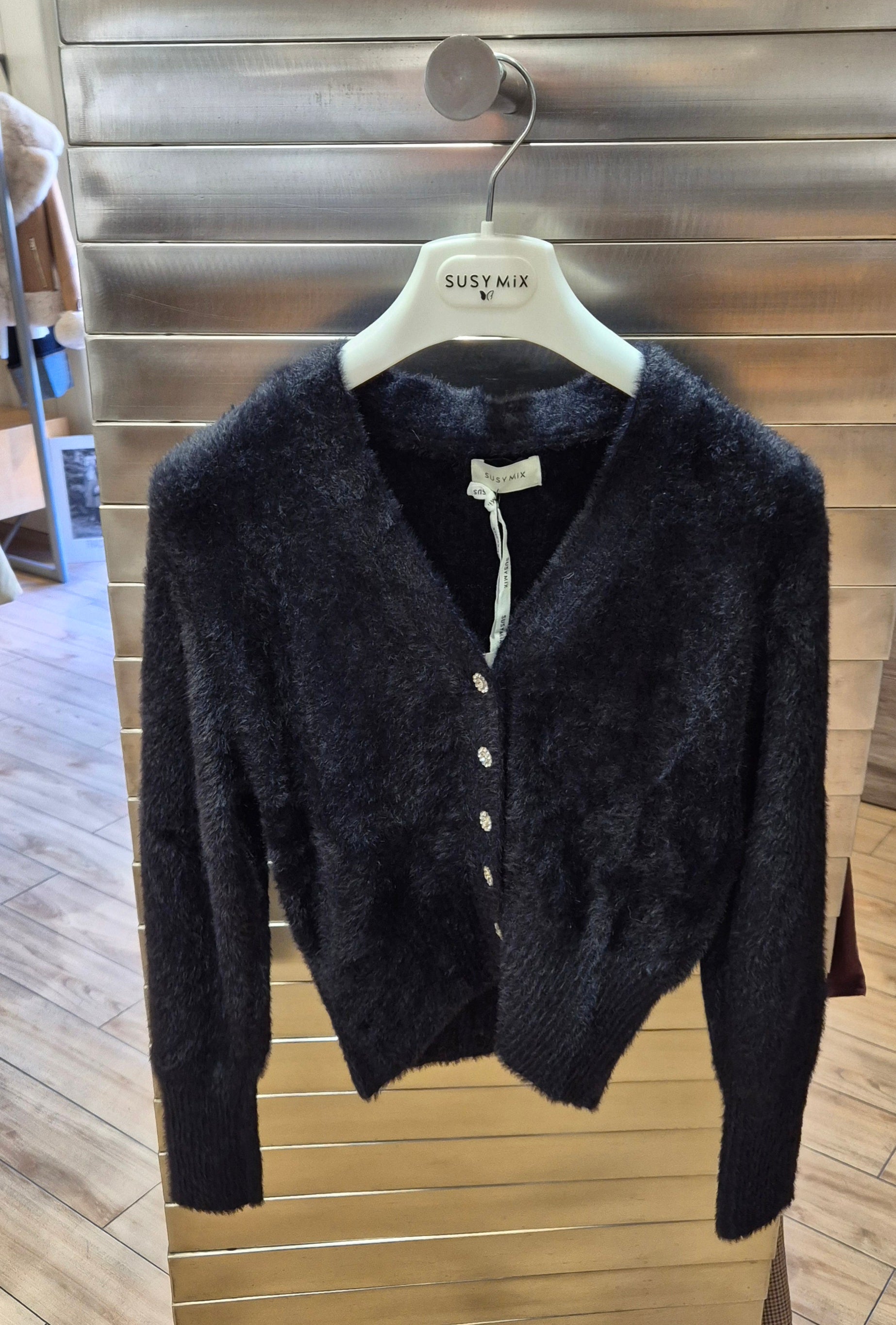 Susy mix cardigan ecopelliccia bottoni gioiello 5339U75 NERO