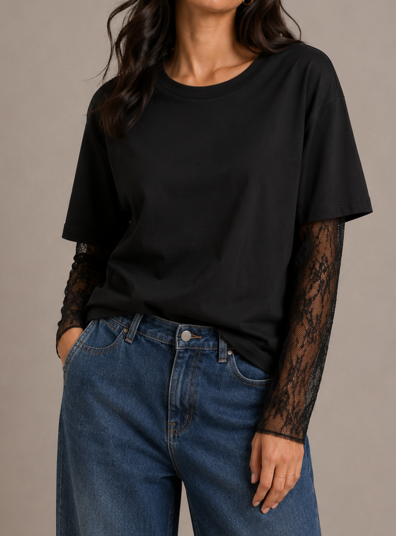 Susy Mix t-shirt con manica in pizzo 11073u75 nero