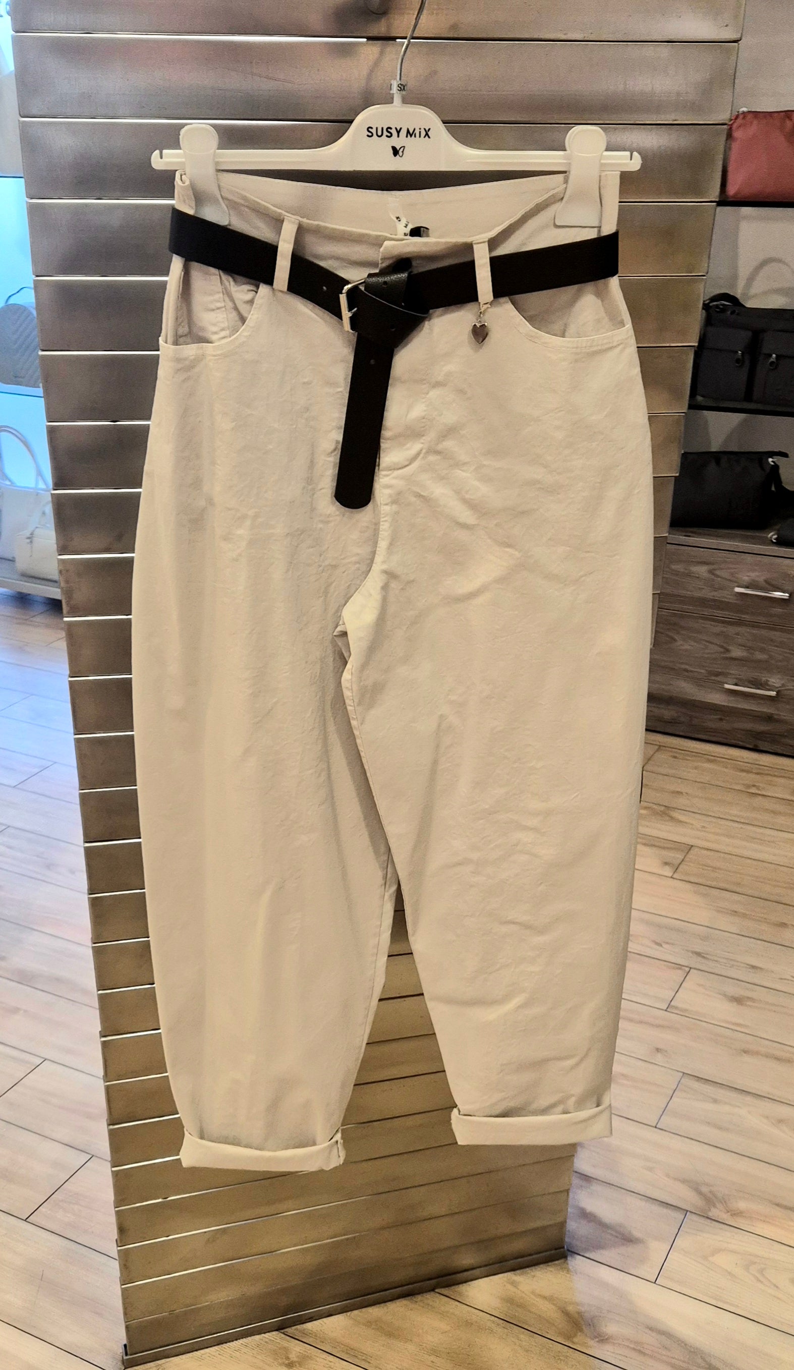 Susy mix pantalone cotone con cintura sabbia 60285PUB8