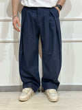 Pantalone Baloon con pinces misto lino blu ADFS77