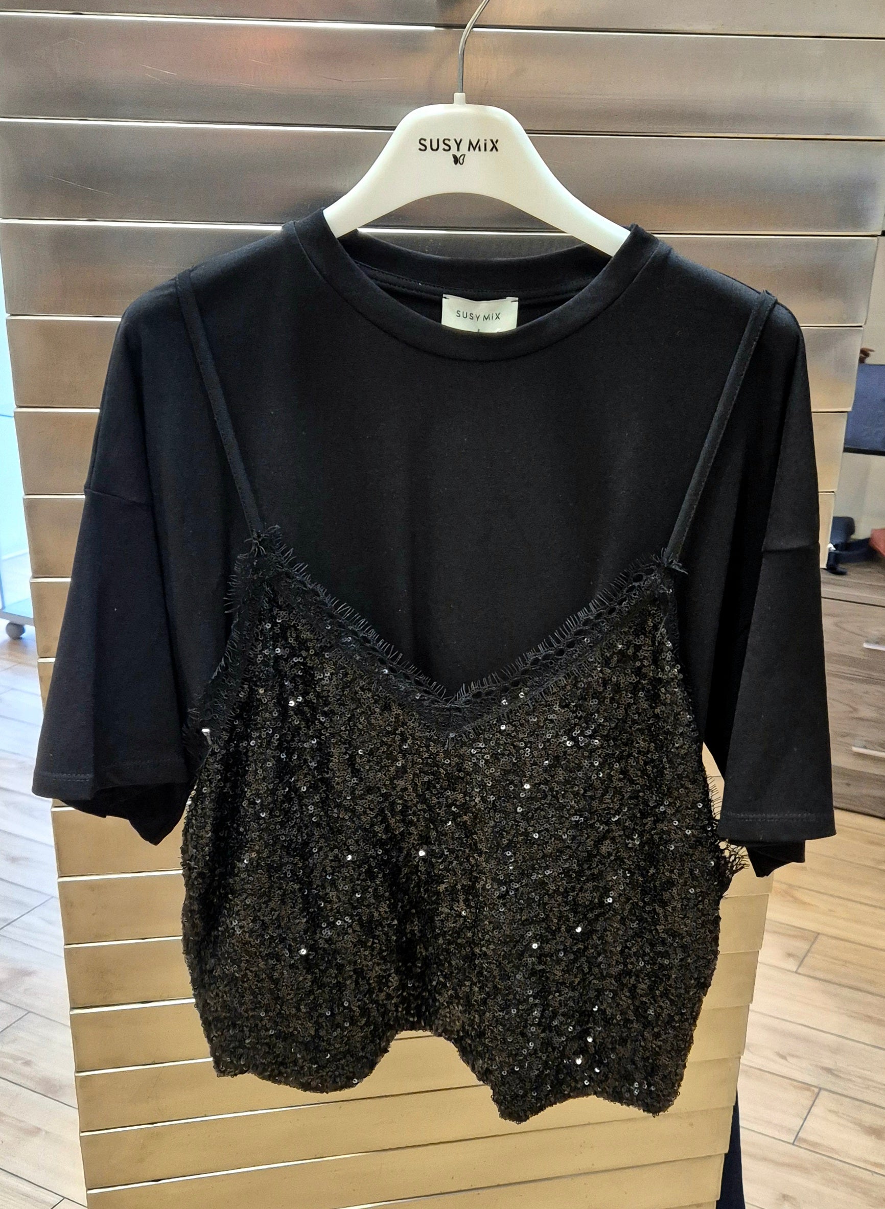 Susy mix t-shirt con top paillettes nero S0071U75