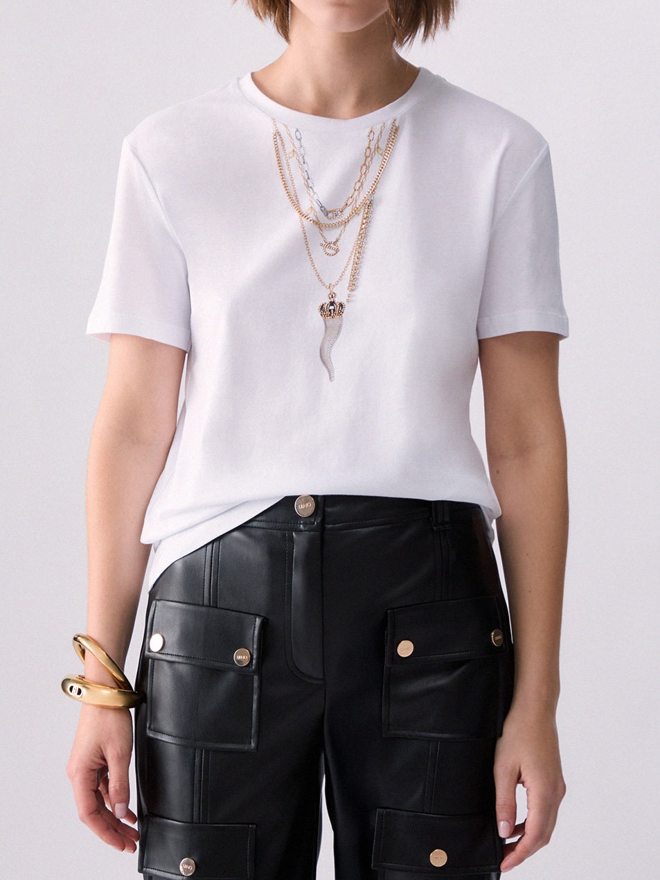 Liu jo t-shirt slim fit con catene WF6079JS923 bianco