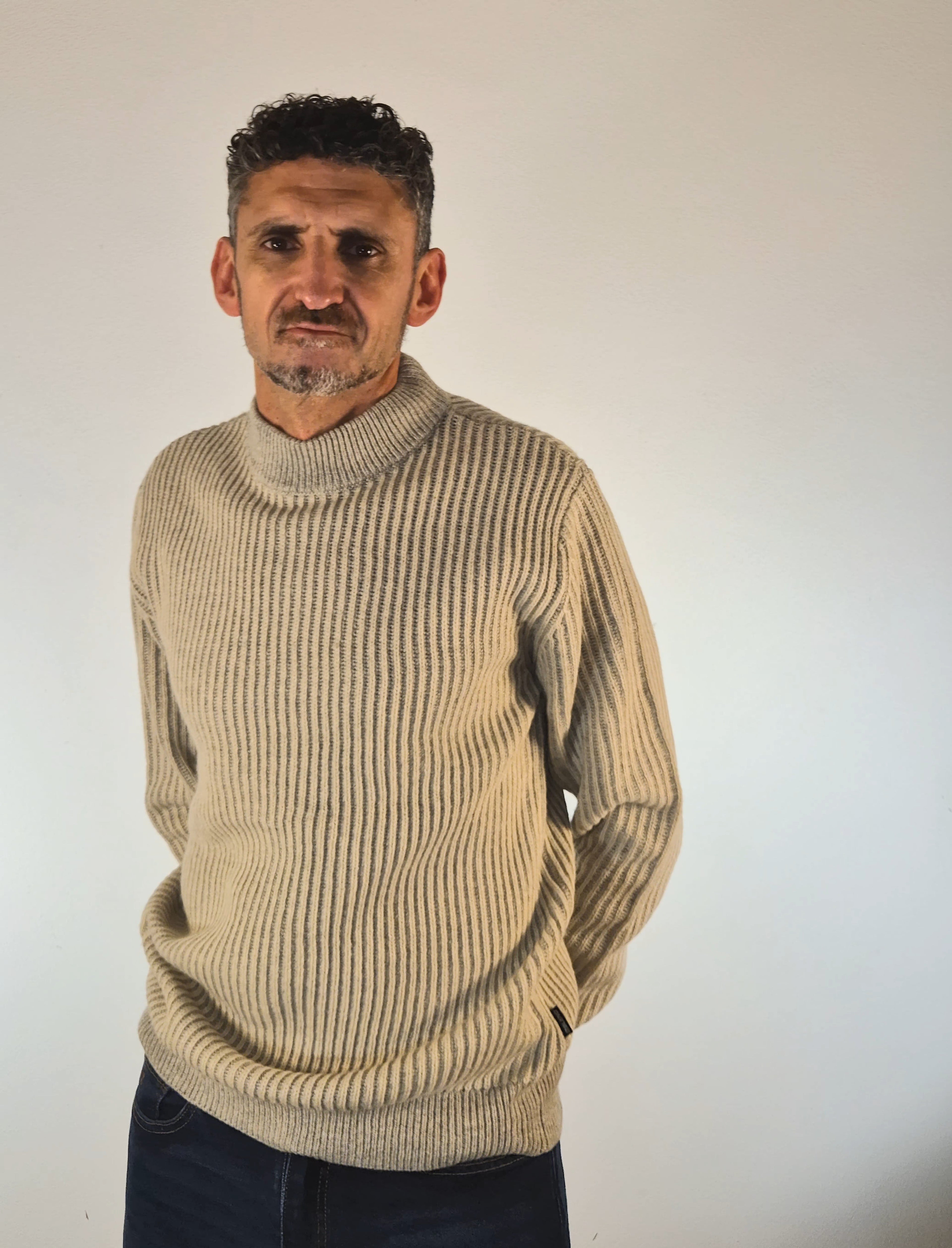 Blend maglia girocollo in mistolana beige a coste 20720335161104